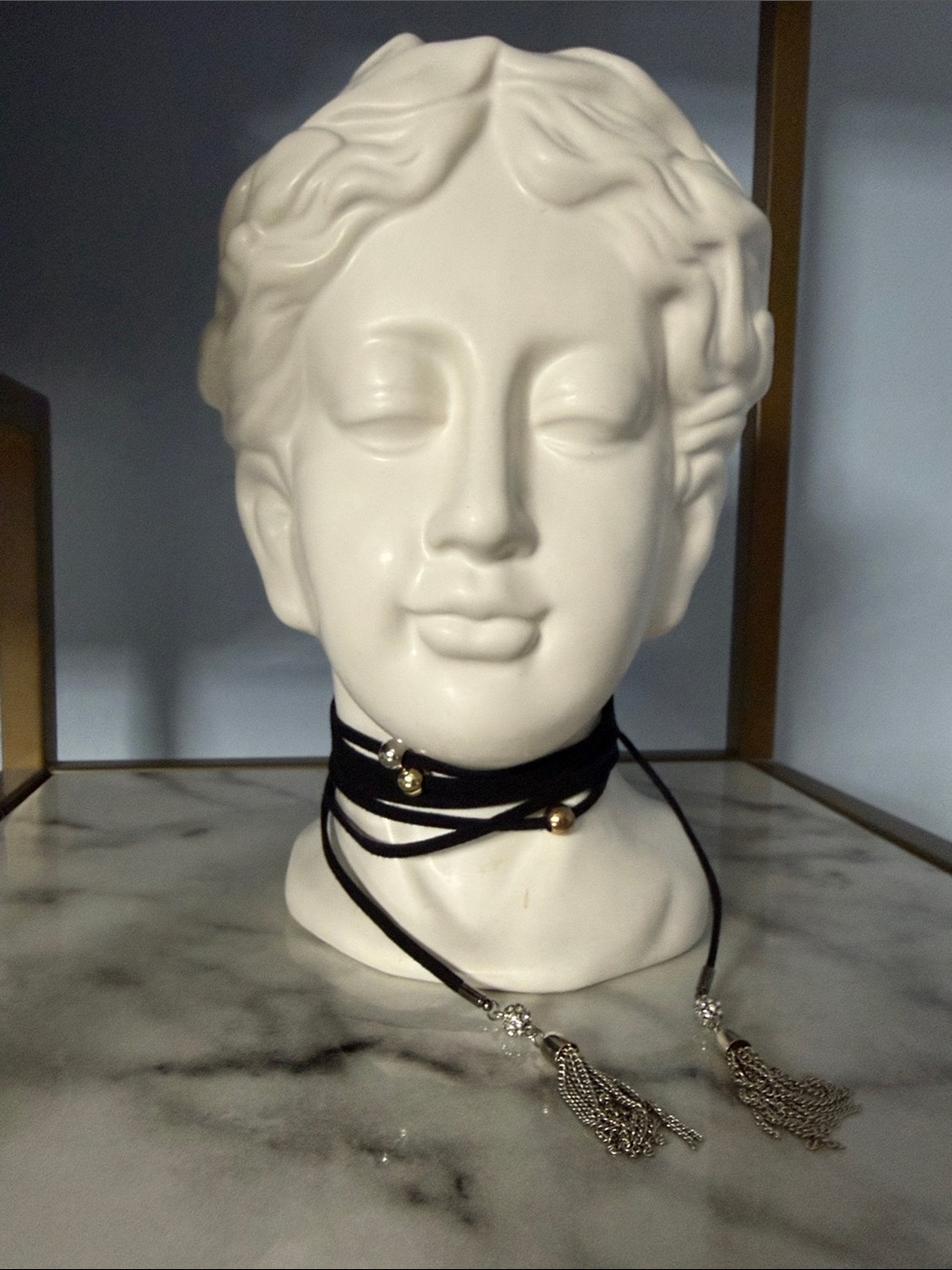 Black Wrap Choker Necklace with Silver Tassels